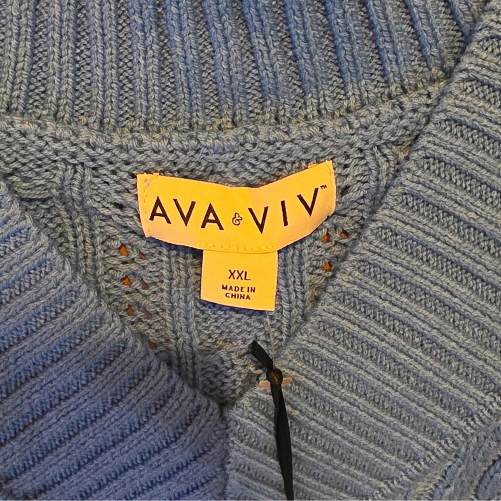 Ava & Viv Women's 2XL Regular Blue Cable Knit V-Neck Cotton Pullover Sweater